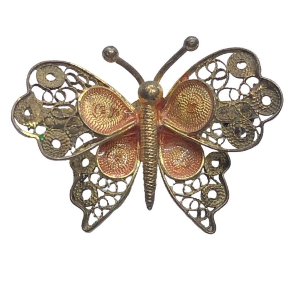 Stunning Vintage Small 800 Silver Gilt Filigree Plique A Jour Butterfly Brooch 32$